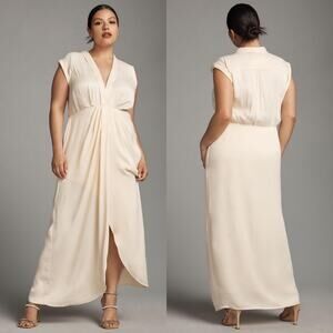 NWT Anthropologie Champagne Ivory Sleeveless V-Neck Twist-Front Satin Dress US 6